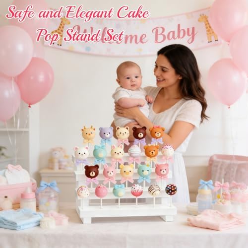 2 Pack Wood Cake Pop Stand, 4 Tier Rustic White Lollipop Holder Stand, 44 Holes Cake Candy Dessert Table Display, alternate