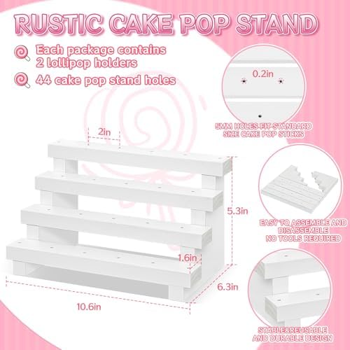 2 Pack Wood Cake Pop Stand, 4 Tier Rustic White Lollipop Holder Stand, 44 Holes Cake Candy Dessert Table Display, alternate