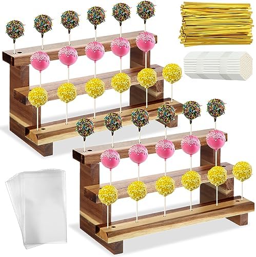 2 Pack Wooden Cake Pop Stand 3 Tier Cake Pop & Lollipop Display Holder with 100 Treat Bags Lollipop Sticks and