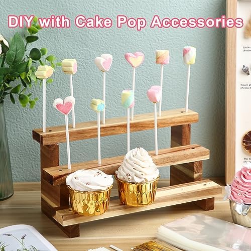 2 Pack Wooden Cake Pop Stand 3 Tier Cake Pop & Lollipop Display Holder with 100 Treat Bags Lollipop Sticks and, alternate