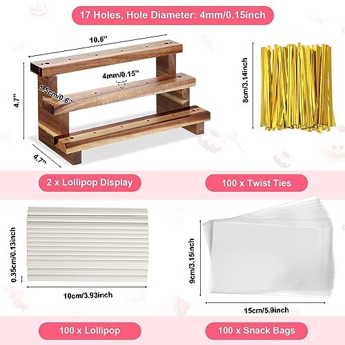 2 Pack Wooden Cake Pop Stand 3 Tier Cake Pop & Lollipop Display Holder with 100 Treat Bags Lollipop Sticks and, alternate