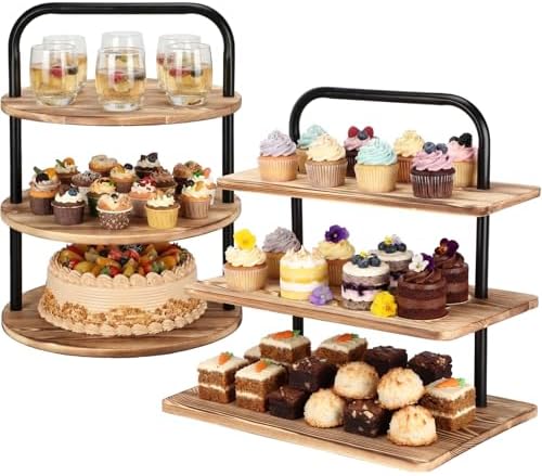 2 Pack Wooden Cupcake Stand 3 Tier Large Set, Classic in black, brown