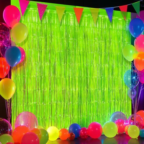2 Pack Yellow Glow Party Fringe Curtain 40 x 80 Inch UV Reactive Neon Foil Backdrop for Blacklight Birthday
