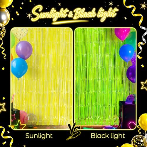 2 Pack Yellow Glow Party Fringe Curtain 40 x 80 Inch UV Reactive Neon Foil Backdrop for Blacklight Birthday, alternate view 5