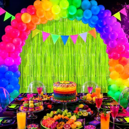 2 Pack Yellow Glow Party Fringe Curtain 40 x 80 Inch UV Reactive Neon Foil Backdrop for Blacklight Birthday, alternate view 6