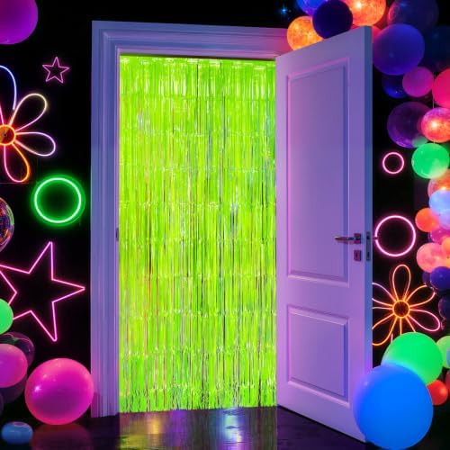 2 Pack Yellow Glow Party Fringe Curtain 40 x 80 Inch UV Reactive Neon Foil Backdrop for Blacklight Birthday, alternate view 7