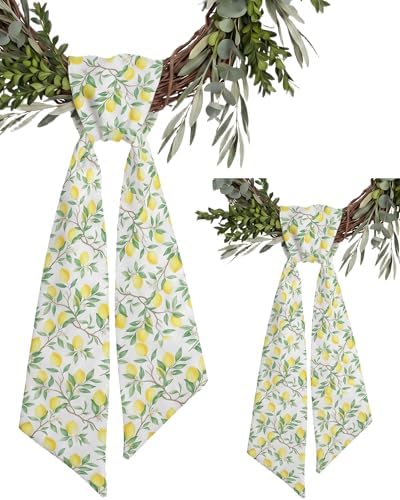 2 Pack Yellow Lemon Wreath Sashes for Front Door, Matching Italian Summer Lemon Grove Ribbon Pair, 55 Inch