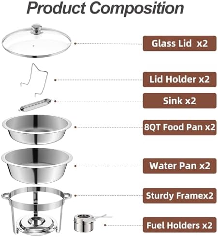2 Packs 8QT Round Chafing Dish for Buffet Set, Glass Lid, Silver in Silver, alternate view 3