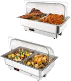 2 Packs Electric Chafing Dishes Adjustable Temp Roll Top Food Warmer in Silver