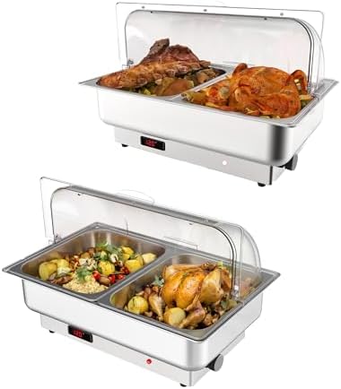 2 Packs Electric Chafing Dishes Adjustable Temp Roll Top Food Warmer in Silver