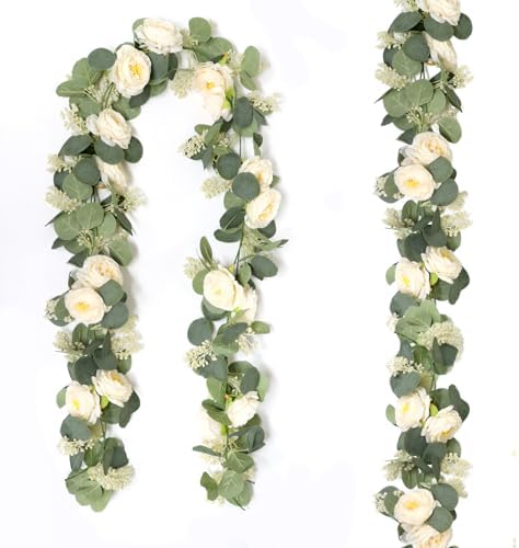 2 Packs Eucalyptus Garland with Flowers, 6.56ft Artificial Flower Greenery Garlands Natural Looking, Floral