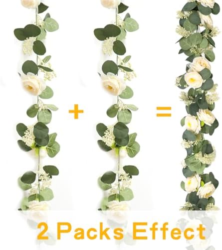 2 Packs Eucalyptus Garland with Flowers, 6.56ft Artificial Flower Greenery Garlands Natural Looking, Floral, alternate view 3