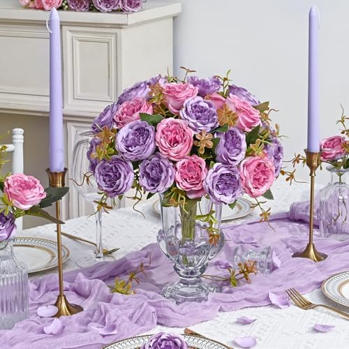 2 Packs Peonies Artificial Flowers, Dark Purple Silk Artificial Peonies in Dark Pinkish-purple, alternate view 2
