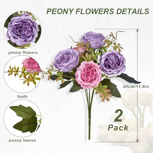 2 Packs Peonies Artificial Flowers, Dark Purple Silk Artificial Peonies in Dark Pinkish-purple, alternate view 4