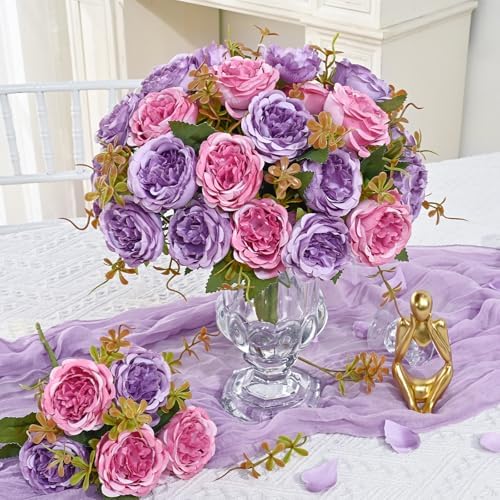 2 Packs Peonies Artificial Flowers, Dark Purple Silk Artificial Peonies in Dark Pinkish-purple, alternate view 7