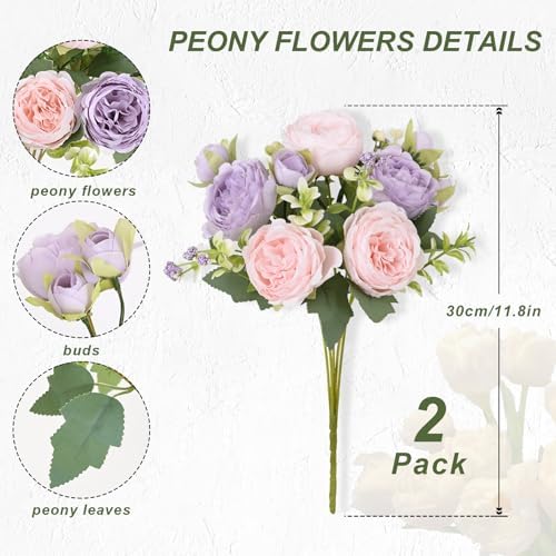 2 Packs Peonies Artificial Flowers, Pinkish-Purple Silk Artificial Peonies in Pinkish-purple, alternate view 4