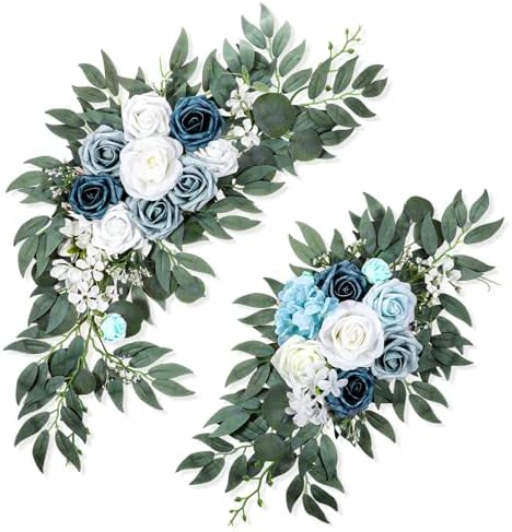 2 Packs Wedding Arch Flowers, 28”/20” Blue Artificial Flower Swag for Wedding Welcome Signs Ceremony, Reception