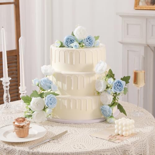 2 Packs White Peonies Artificial Flowers Blue Faux Peony Bouquet Fake White Flowers for Vase Silk Floral, alternate view 4