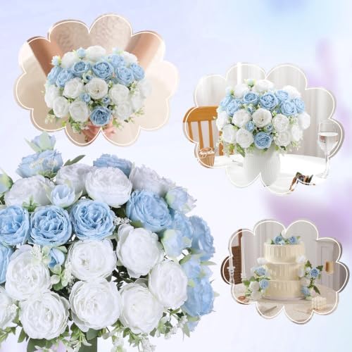 2 Packs White Peonies Artificial Flowers Blue Faux Peony Bouquet Fake White Flowers for Vase Silk Floral, alternate view 7