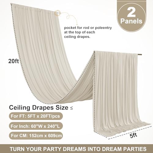 2 Panels 5ft(W) x 20ft(L) Beige Ceiling Drapes for Wedding Parties, alternate view 3