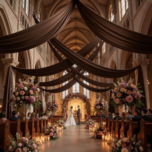 2 Panels 5ft(W) x 20ft(L) Brown Ceiling Drapes for Wedding Parties, alternate view 2