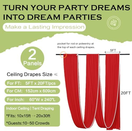 2 Panels 5ft(W) x 20ft(L) Red Ceiling Drapes for Christmas Parties, alternate view 3