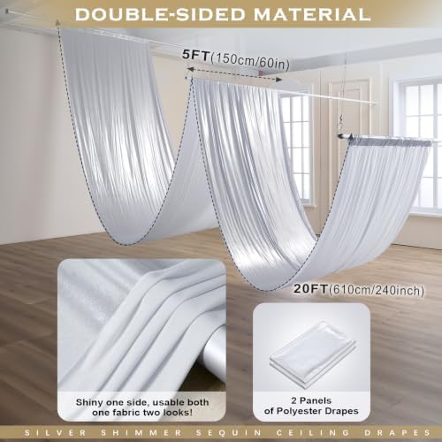 2 Panels 5ft(W) x 20ft(L) Silver Backdrop Curtain for Wedding Parties, alternate view 2