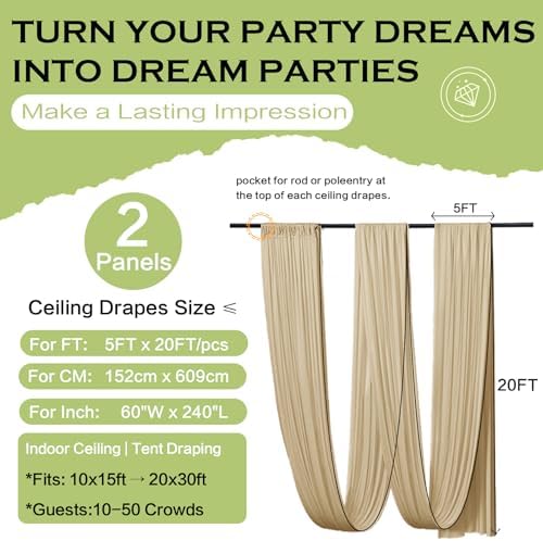 2 Panels 5ft(W) x 20ft(L) Soft Tan Ceiling Drapes for Wedding Parties, alternate view 6