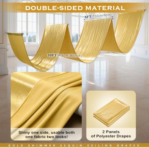 2 Panels 5ftx30ft Gold Ceiling Curtain for Wedding Parties, alternate view 6