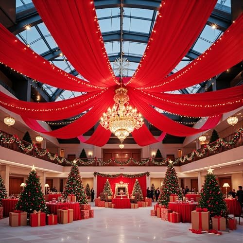 2 Panels 5ftx30ft Red Ceiling Drapes for Christmas Parties