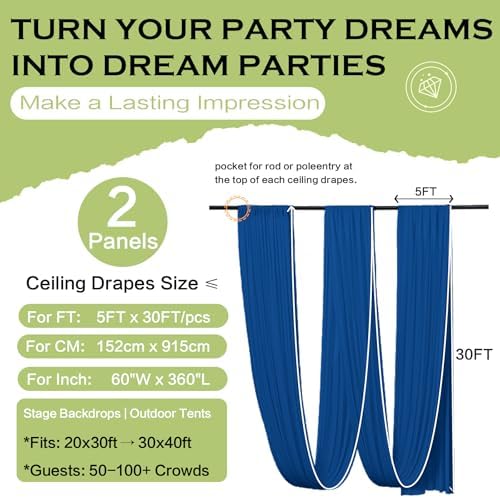 2 Panels 5ftx30ft Royal Blue Ceiling Drapes for Wedding Parties, alternate view 6