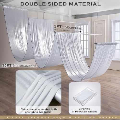 2 Panels 5ftx30ft Silver Ceiling Curtain for Wedding Parties, alternate view 2