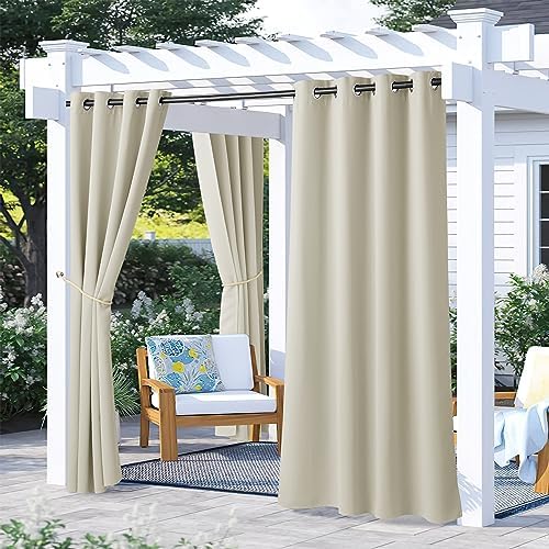 2 Panels Beige Outdoor Curtains for Patio Waterproof, Rustproof Grommet Thermal Insulated Room Darkening Indoor