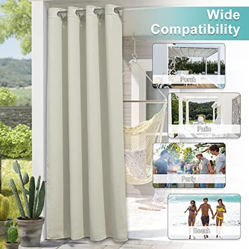 2 Panels Beige Outdoor Curtains for Patio Waterproof, Rustproof Grommet Thermal Insulated Room Darkening Indoor, alternate