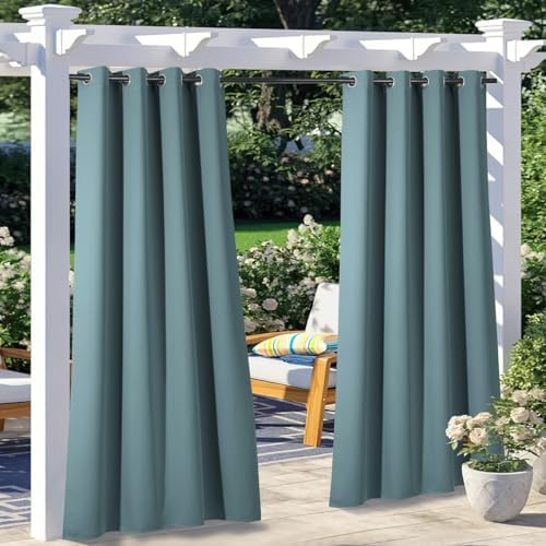 2 Panels Greyish Blue Outdoor Curtains for Patio Waterproof, Thermal Insulated Rustproof Grommet Blackout Indoor