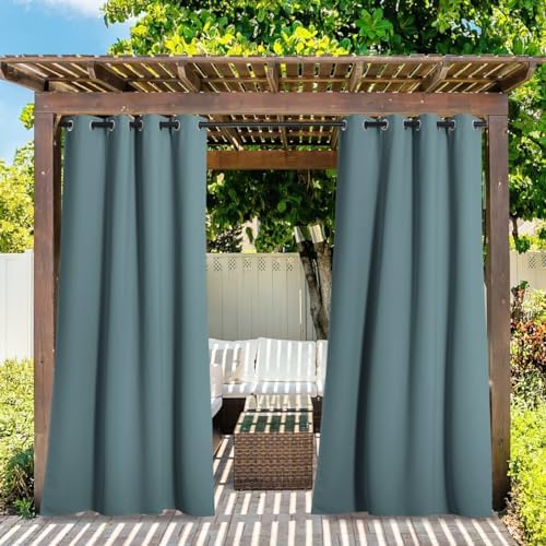 2 Panels Greyish Blue Outdoor Curtains for Patio Waterproof, Thermal Insulated Rustproof Grommet Blackout Indoor, alternate