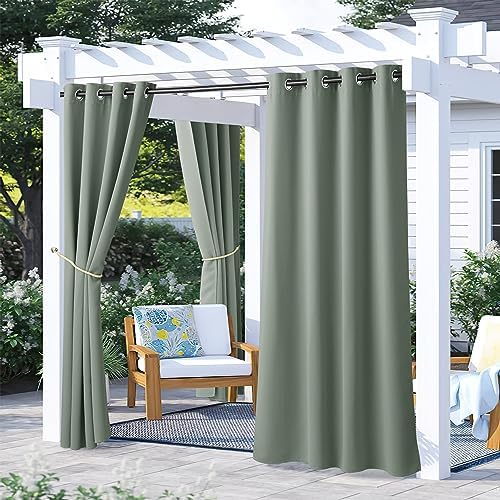 2 Panels Sage Green Blackout Outdoor Curtains for Patio Waterproof, Rustproof Grommet Room Darkening Thermal
