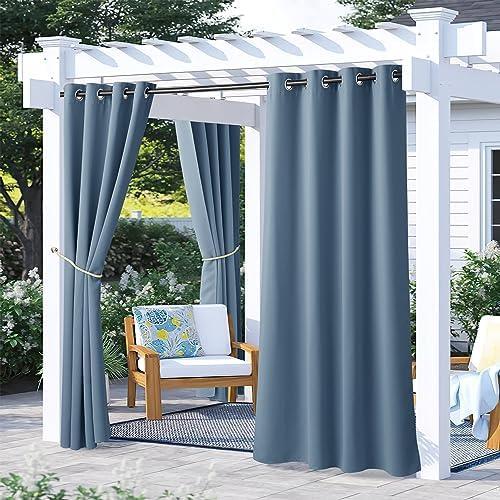 2 Panels Stone Blue Blackout Outdoor Curtains for Patio Waterproof, Rustproof Grommet Cold & Light Blocking