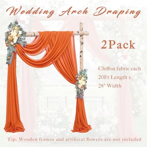2 Panels Wedding Arch Draping Fabric 20Ft Length x 28" Width Orange Arch Drapes Chiffon Fabric Sheer Curtains, alternate view