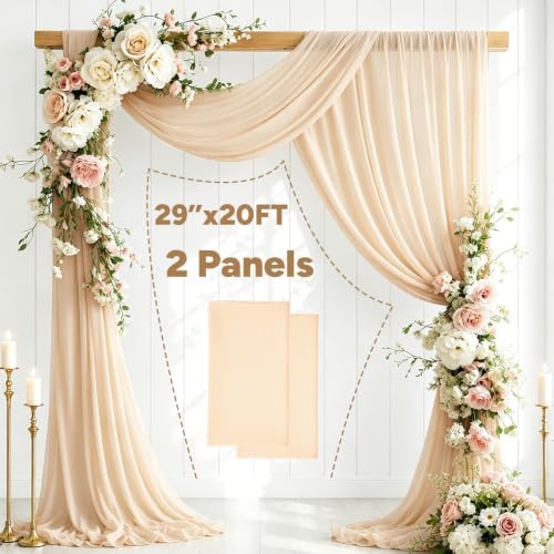 2 Panels Wedding Arch Draping Fabric Champagne 29" X 20FT Sheer Chiffon Drapes Backdrop for Wedding Ceremony, alternate view