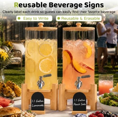 2 PCS 1.1 Gallon Glass Drink Dispenser with Wood Stand for Parties, alternate view 5