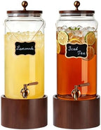 2 PCS 1.5 Gallon Glass Drink Dispenser for Parties, Beverage Dispenser with Wooden Stand, Silicone Lid and