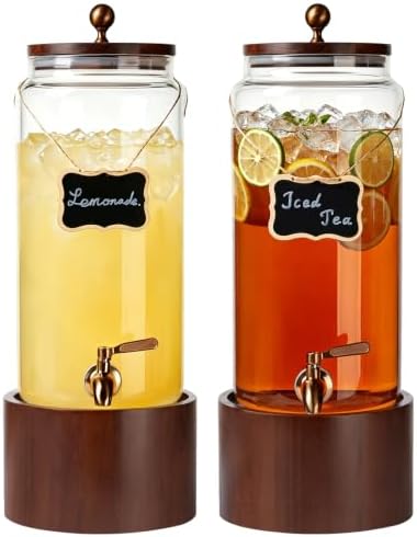 2 PCS 1.5 Gallon Glass Drink Dispenser for Parties, Beverage Dispenser with Wooden Stand, Silicone Lid and