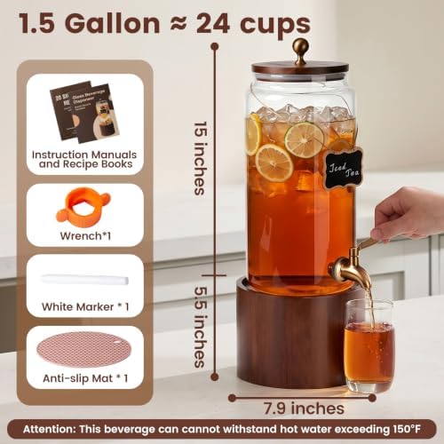 2 PCS 1.5 Gallon Glass Drink Dispenser for Parties, Beverage Dispenser with Wooden Stand, Silicone Lid and, alternate view 3