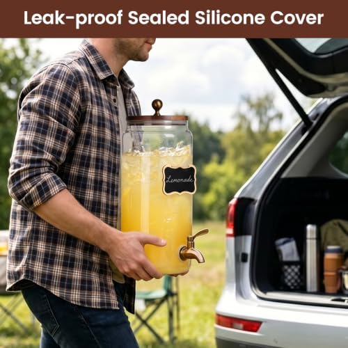 2 PCS 1.5 Gallon Glass Drink Dispenser for Parties, Beverage Dispenser with Wooden Stand, Silicone Lid and, alternate view 4