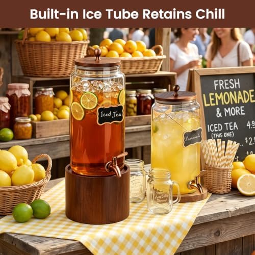 2 PCS 1.5 Gallon Glass Drink Dispenser for Parties, Beverage Dispenser with Wooden Stand, Silicone Lid and, alternate view 5