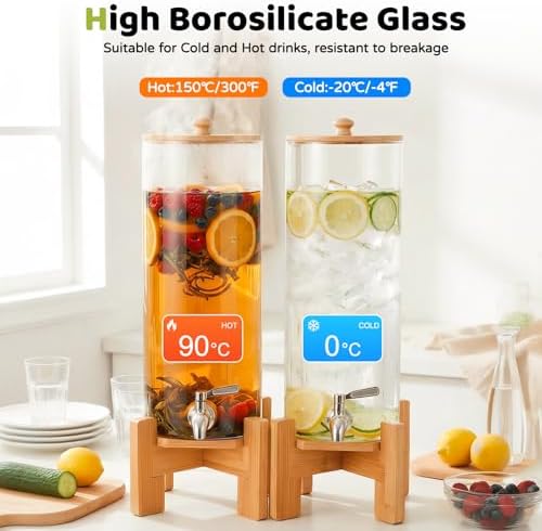 2 PCS 1.6 Gallon Glass Drink Dispenser with Wood Stand for Parties, alternate view 6