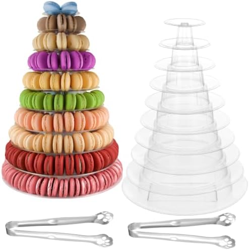 2 PCS 10-Tier Clear Macaron Display Stand, Plastic Macaron Tray Tower with Stainless Steel Serving Tongs, Clear