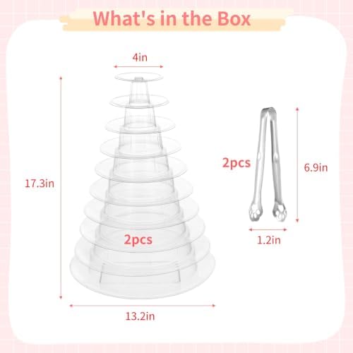 2 PCS 10-Tier Clear Macaron Display Stand, Plastic Macaron Tray Tower with Stainless Steel Serving Tongs, Clear, alternate