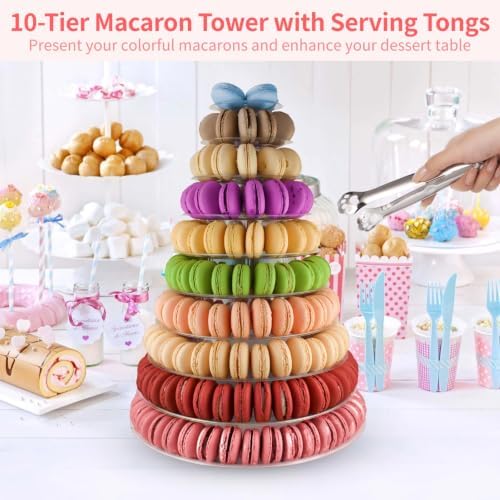 2 PCS 10-Tier Clear Macaron Display Stand, Plastic Macaron Tray Tower with Stainless Steel Serving Tongs, Clear, alternate